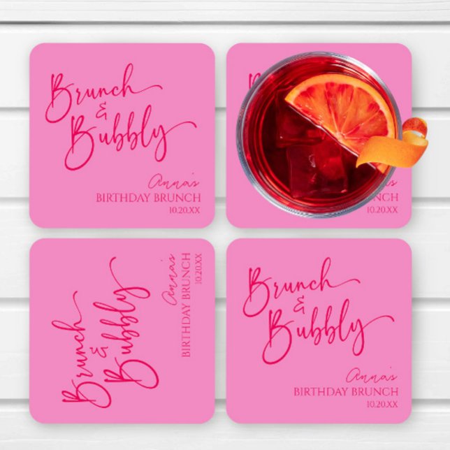 Posavasos Cuadrado De Papel Brunch rosado caliente y brunch con burbujas Fiest (Subido por el creador)