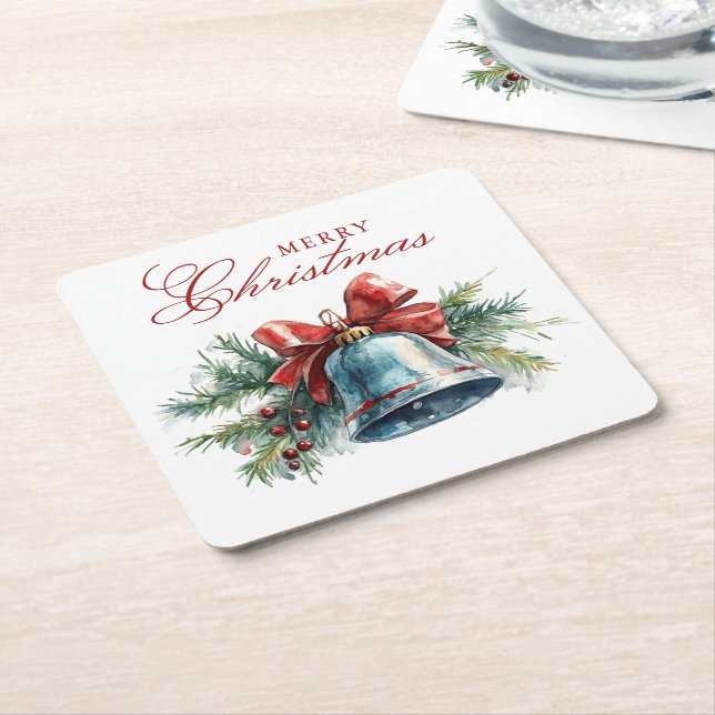 Posavasos Cuadrado De Papel Brunches de pino y Navidades Bell Merry Christmas (En perspectiva)