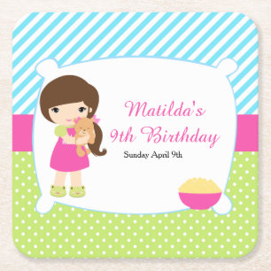 Posavasos Cuadrado De Papel Brunette Chica Sleepover Slumber Fiesta