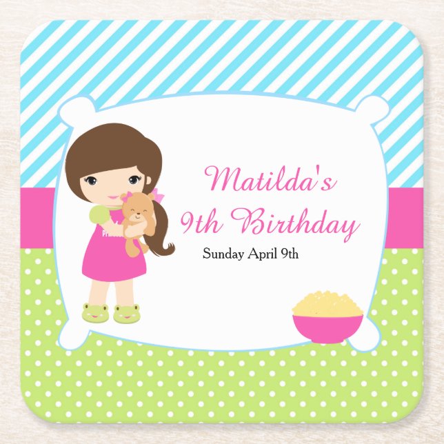 Posavasos Cuadrado De Papel Brunette Chica Sleepover Slumber Fiesta (Anverso)