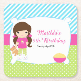Posavasos Cuadrado De Papel Brunette Chica Sleepover Slumber Fiesta