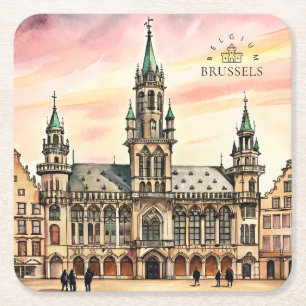 Posavasos Cuadrado De Papel Bruselas Bélgica Acuarela Gran Palacio