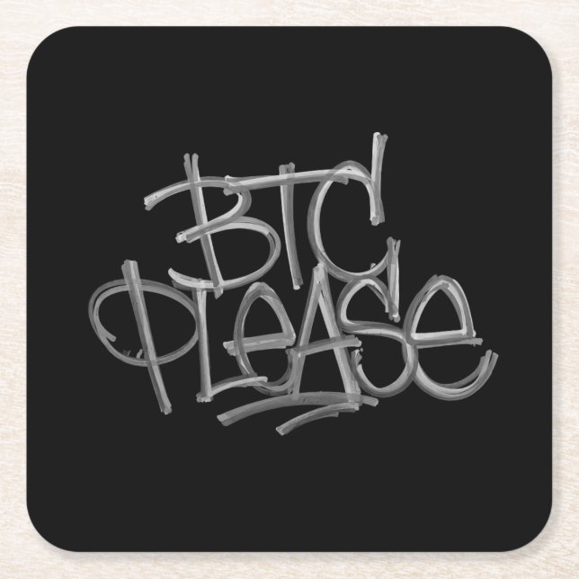 Posavasos Cuadrado De Papel "BTC Please" (Negro) (Anverso)