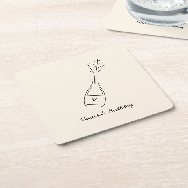 Posavasos Cuadrado De Papel Bubbly Birthday Wike Popping Champagne Bottle (En perspectiva)