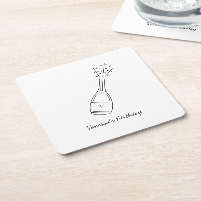 Posavasos Cuadrado De Papel Bubbly Birthday Wike Popping Champagne Bottle (En perspectiva)