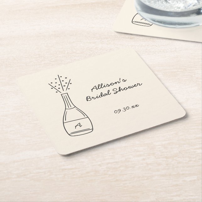 Posavasos Cuadrado De Papel Bubbly Popping Champagne Bottle Bridal Shower (En perspectiva)