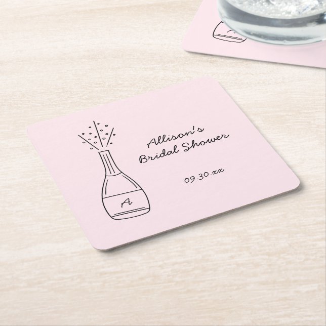 Posavasos Cuadrado De Papel Bubbly Popping Champagne Bottle Bridal Shower (En perspectiva)