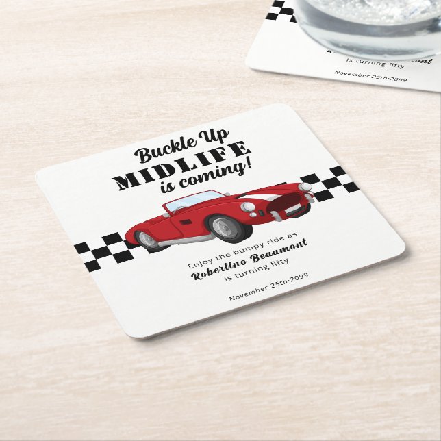Posavasos Cuadrado De Papel Buckle Up Funny Midlife Car 50th Birthday (En perspectiva)