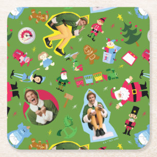 Posavasos Cuadrado De Papel Buddy the Elf and Navidades Icons Pattern