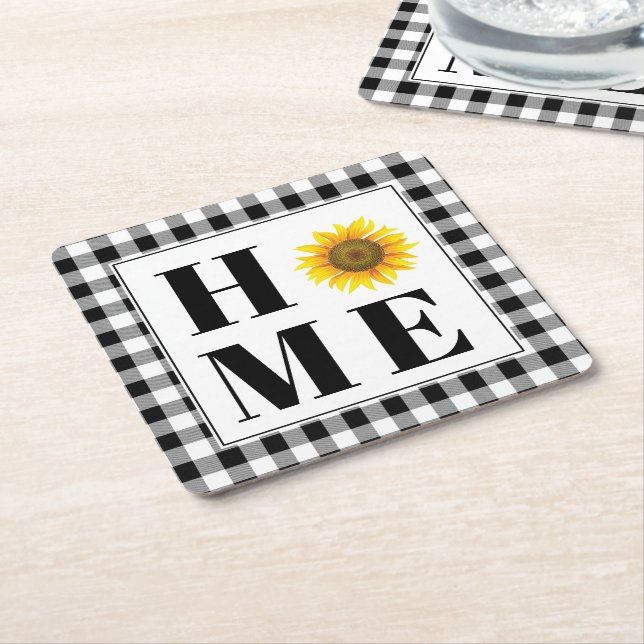 Posavasos Cuadrado De Papel Bufalo cheque girasol "Hogar" (En perspectiva)