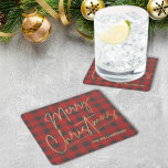 Posavasos Cuadrado De Papel Búfalo rojo de la navidad dorada<br><div class="desc">Feliz texto navideño en un falso guión de Relieve metalizado dorado y tu nombre en letras de moda aparecen en estas taras de papel de estampado rojo y búfalo gris,  perfectas para las vacaciones. COINCIDIENDO con los artículos de nuestra tienda.</div>
