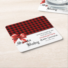 Posavasos Cuadrado De Papel Buffalo Plaid Watercolor Red Bow Baby Shower