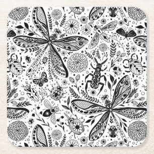 Posavasos Cuadrado De Papel Bugs de garabatos en azul oscuro