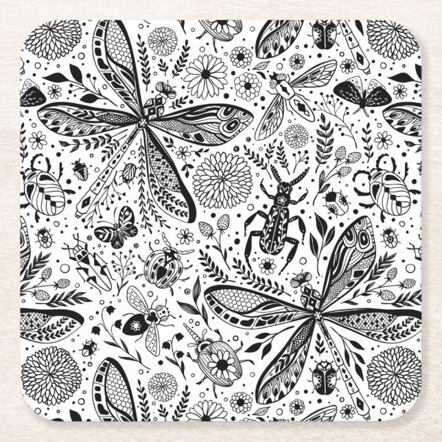 Posavasos Cuadrado De Papel Bugs de garabatos en azul oscuro (Anverso)