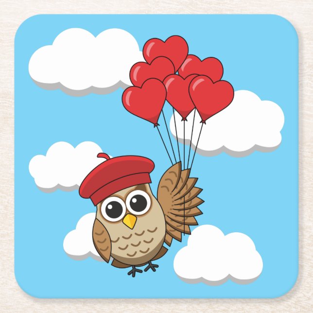 Posavasos Cuadrado De Papel Búho lindo volando con globos cardíacos (Anverso)