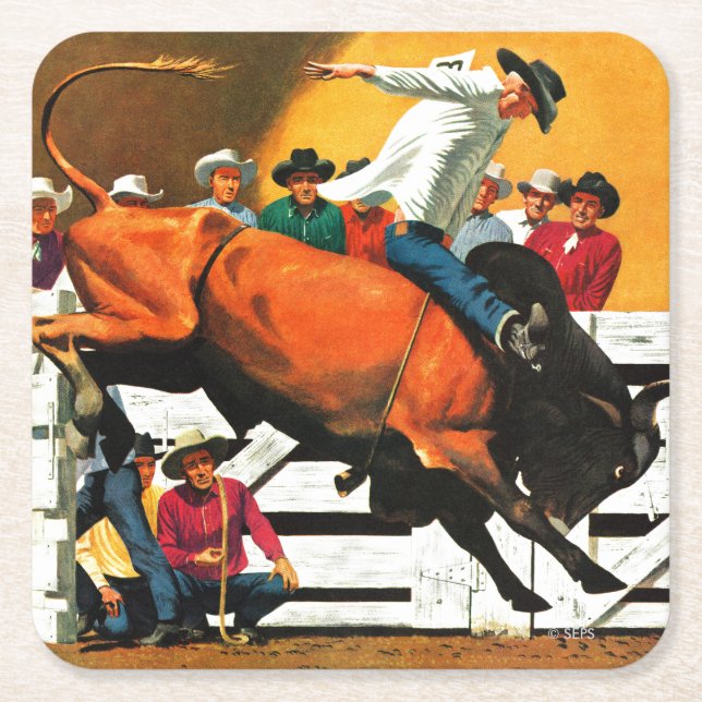 Posavasos Cuadrado De Papel Bull Riding por Fred Ludekens (Anverso)