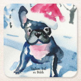 Posavasos Cuadrado De Papel Bulldog francés en Navidades Santa hat, Personaliz