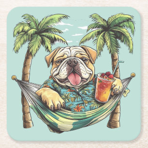 Posavasos Cuadrado De Papel Bulldog Inglés con camisa hawaiana