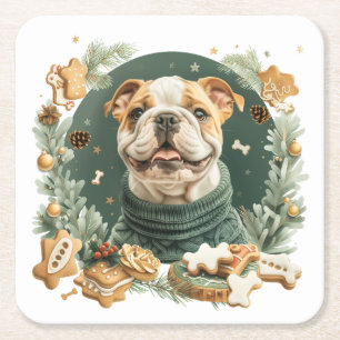 Posavasos Cuadrado De Papel Bulldog inglés navidades