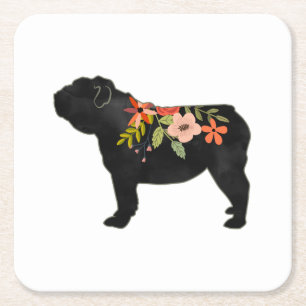 Posavasos Cuadrado De Papel Bulldog Inglés Raza de Perro Boho Floral Silhouett