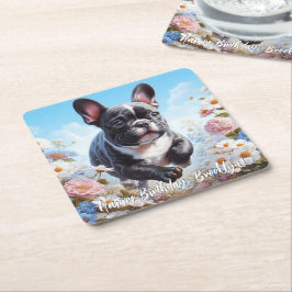 Posavasos Cuadrado De Papel Bulldog y Flores Francesas en blanco y negro