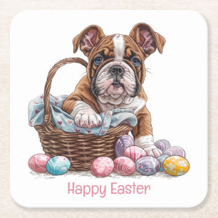 Posavasos Cuadrado De Papel Bulldoges felices en inglés de Pascua