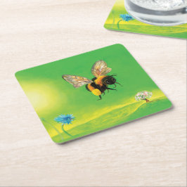 Posavasos Cuadrado De Papel Bumblebee volando sobre el prado