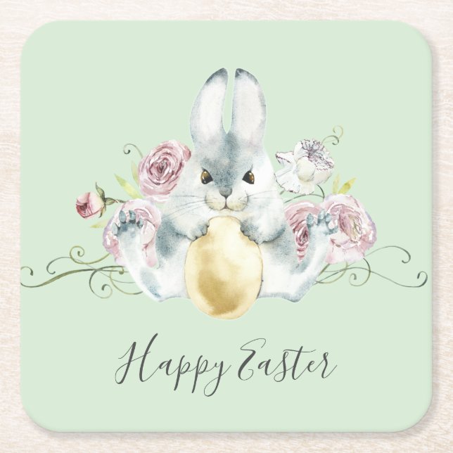 Posavasos Cuadrado De Papel Bunny acuarela y flores Pascua (Anverso)