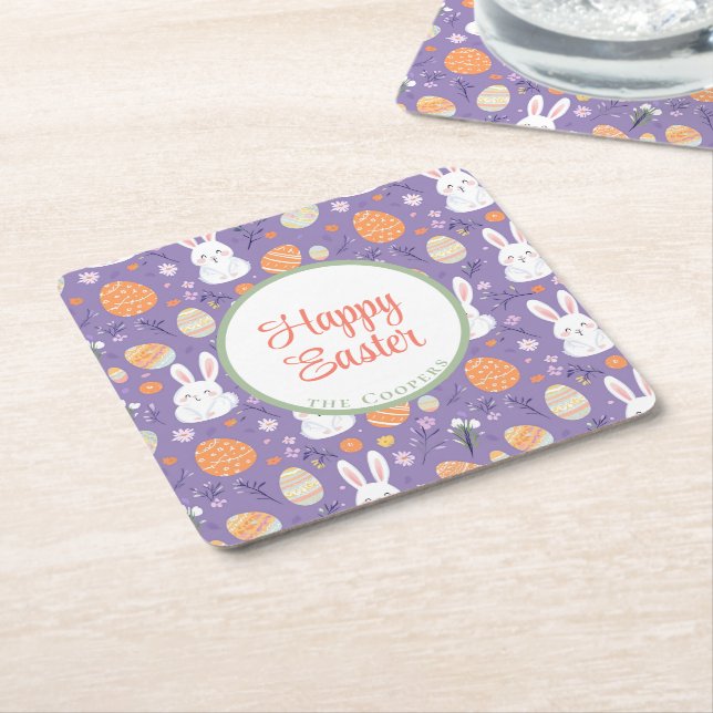 Posavasos Cuadrado De Papel Bunny and Eggs Floral (En perspectiva)