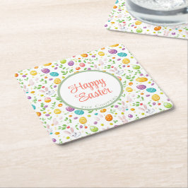 Posavasos Cuadrado De Papel Bunny and Eggs Floral