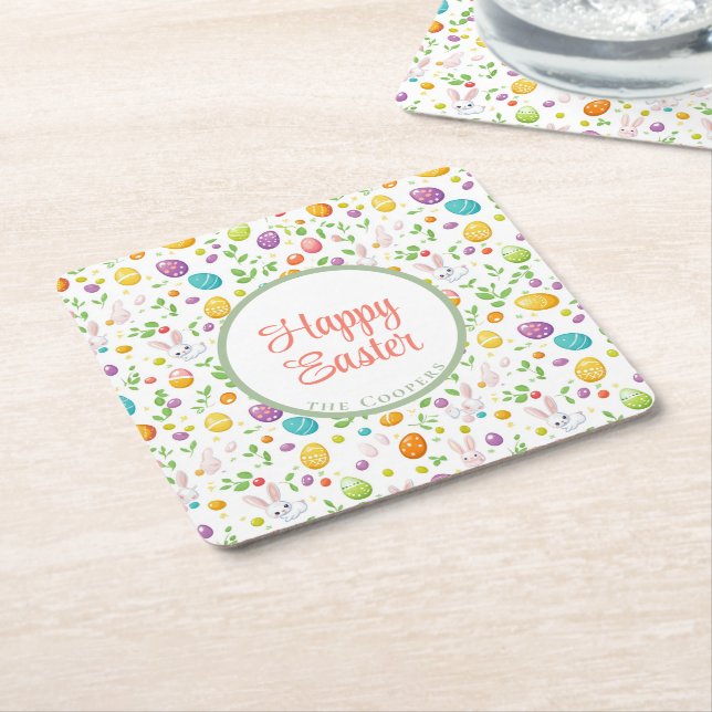 Posavasos Cuadrado De Papel Bunny and Eggs Floral (En perspectiva)