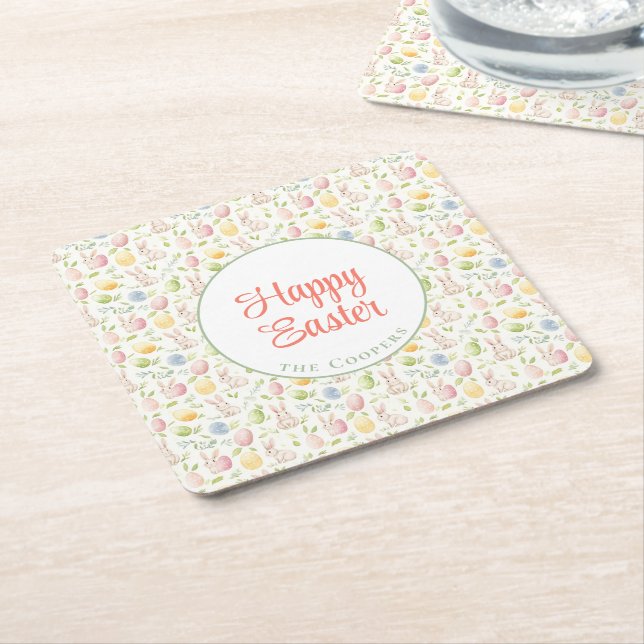 Posavasos Cuadrado De Papel Bunny and Eggs Floral (En perspectiva)