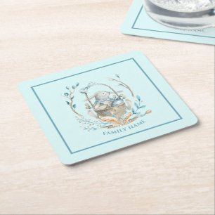 Posavasos Cuadrado De Papel Bunny en una canasta de Pascua texto Feliz Pascua