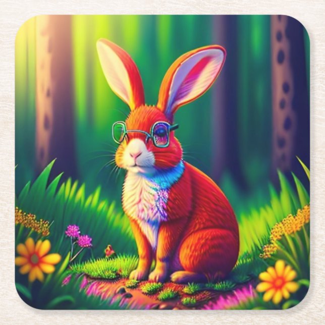 Posavasos Cuadrado De Papel Bunny rojo sentado en la hierba 57661 (Anverso)