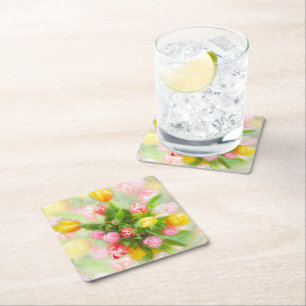 Posavasos Cuadrado De Papel Buqué de tulipanes de estilo vintage - arte floral
