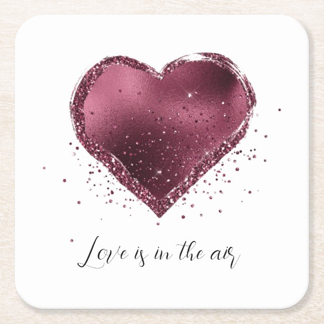 Posavasos Cuadrado De Papel Burgundy Cherry Glitter Sparkle Heart Love  (Anverso)