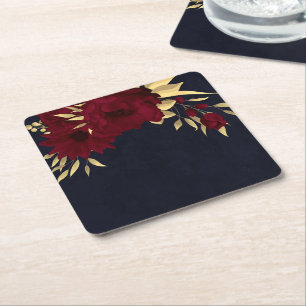 Posavasos Cuadrado De Papel Burgundy chic y oro azul marino