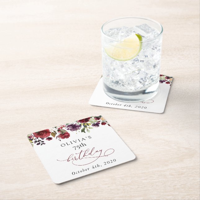 Posavasos Cuadrado De Papel Burgundy Flowers, Pink Flowers, Boho, Birthday (In situ)