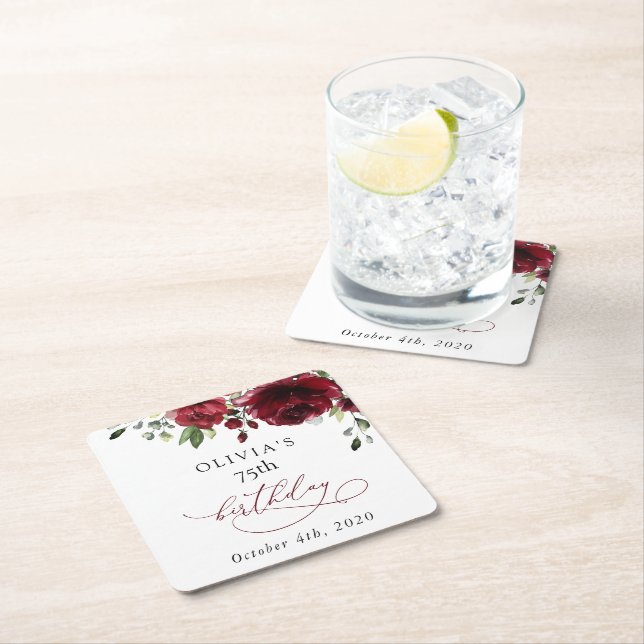 Posavasos Cuadrado De Papel Burgundy Flowers, Red Flowers, Greenery, Birthday (In situ)