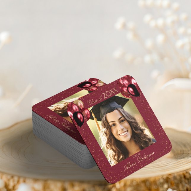 Posavasos Cuadrado De Papel Burgundy Gold Glitter Graduation Party Photo  (Subido por el creador)