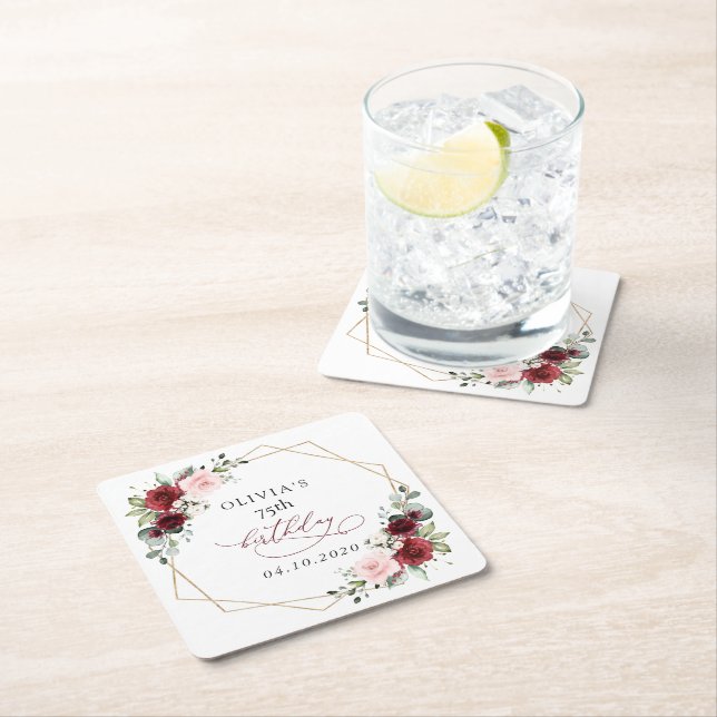 Posavasos Cuadrado De Papel Burgundy Red Flowers, Pink Flowers, Birthday (In situ)