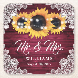 Posavasos Cuadrado De Papel Burgundy Rústico Wood Lace Sunflower Boda