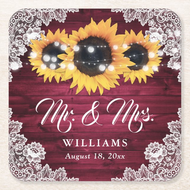 Posavasos Cuadrado De Papel Burgundy Rústico Wood Lace Sunflower Boda (Anverso)