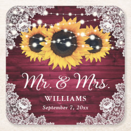 Posavasos Cuadrado De Papel Burgundy Rústico Wood Lace Sunflower Boda