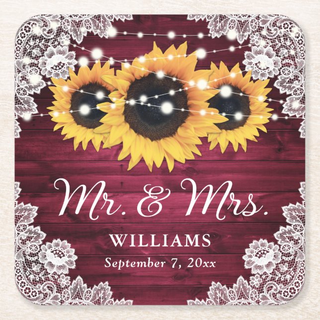 Posavasos Cuadrado De Papel Burgundy Rústico Wood Lace Sunflower Boda (Anverso)