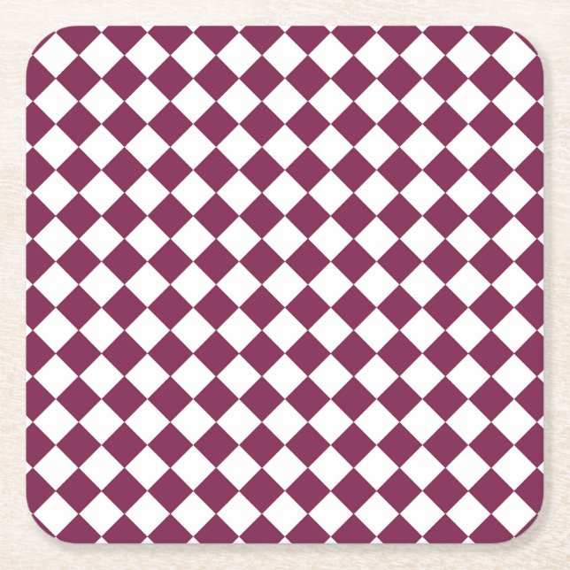 Posavasos Cuadrado De Papel Burgundy White Checker Diamond Pattern (Anverso)