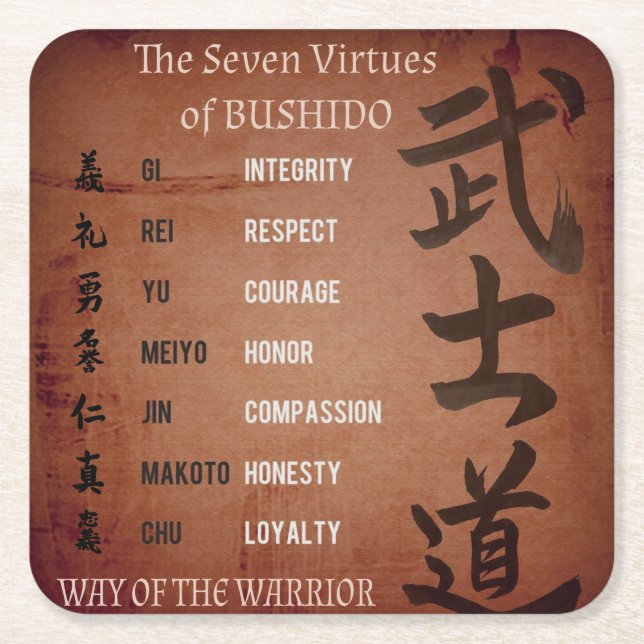 POSAVASOS CUADRADO DE PAPEL BUSHIDO VIRTUES (Anverso)