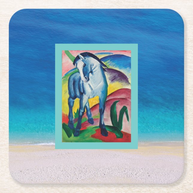 Posavasos Cuadrado De Papel Caballo azul en la playa (Anverso)