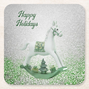 Posavasos Cuadrado De Papel Caballo de Balanza Blanco Navidad Verde Posavasos