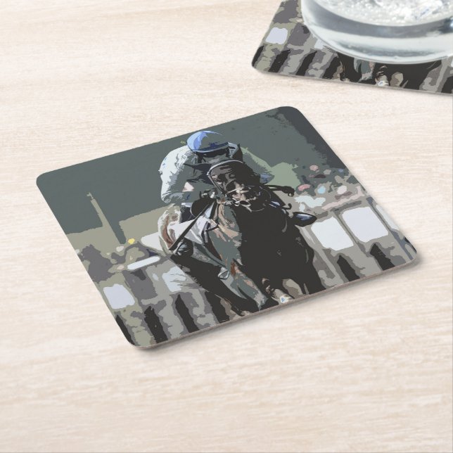 Posavasos Cuadrado De Papel Caballo De Carrera Con Jockey En Montaña De Papel  (En perspectiva)